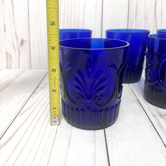 Rare Baroque Revival Cobalt Blue Pressed Old Fashioned Glasses MCM Portuguese 5 - Picture 8 of 10